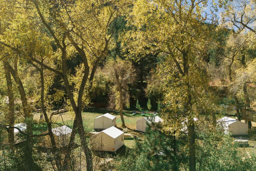 drone photo of outdoor glamping tents at field trip new mexico a new mexico wedding venue